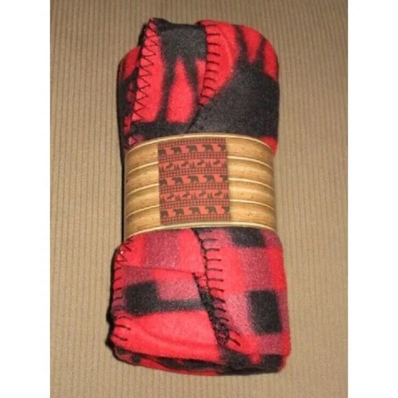 New Red Black Plaid Fleece Throw Gift Blanket Reversible Rustic Wall Decor Moose - Picture 3 of 3
